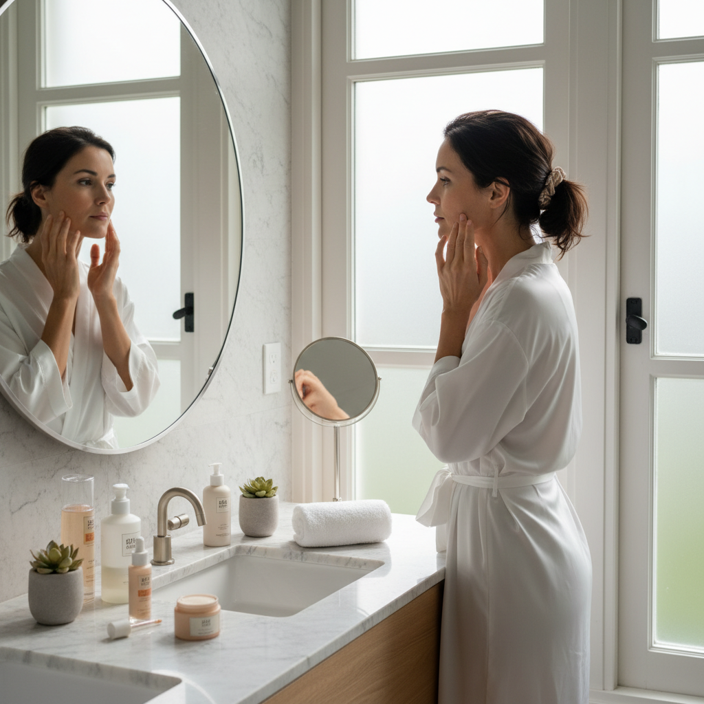 Femme analysant sa peau devant un miroir pour choisir son soin corps adapté