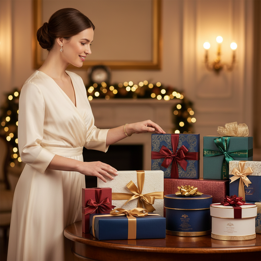 Femme élégante choisissant un coffret cadeau beauté parmi plusieurs coffrets premium emballés avec des rubans