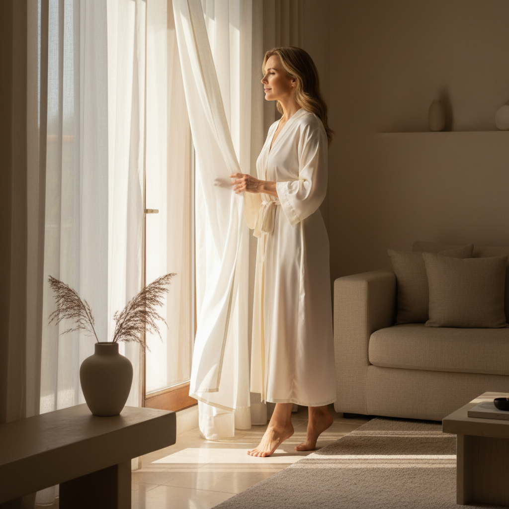 Femme élégante 45+ regardant par une fenêtre lumineuse, regard doux et lumineux — Spa No Stress Beauvais
