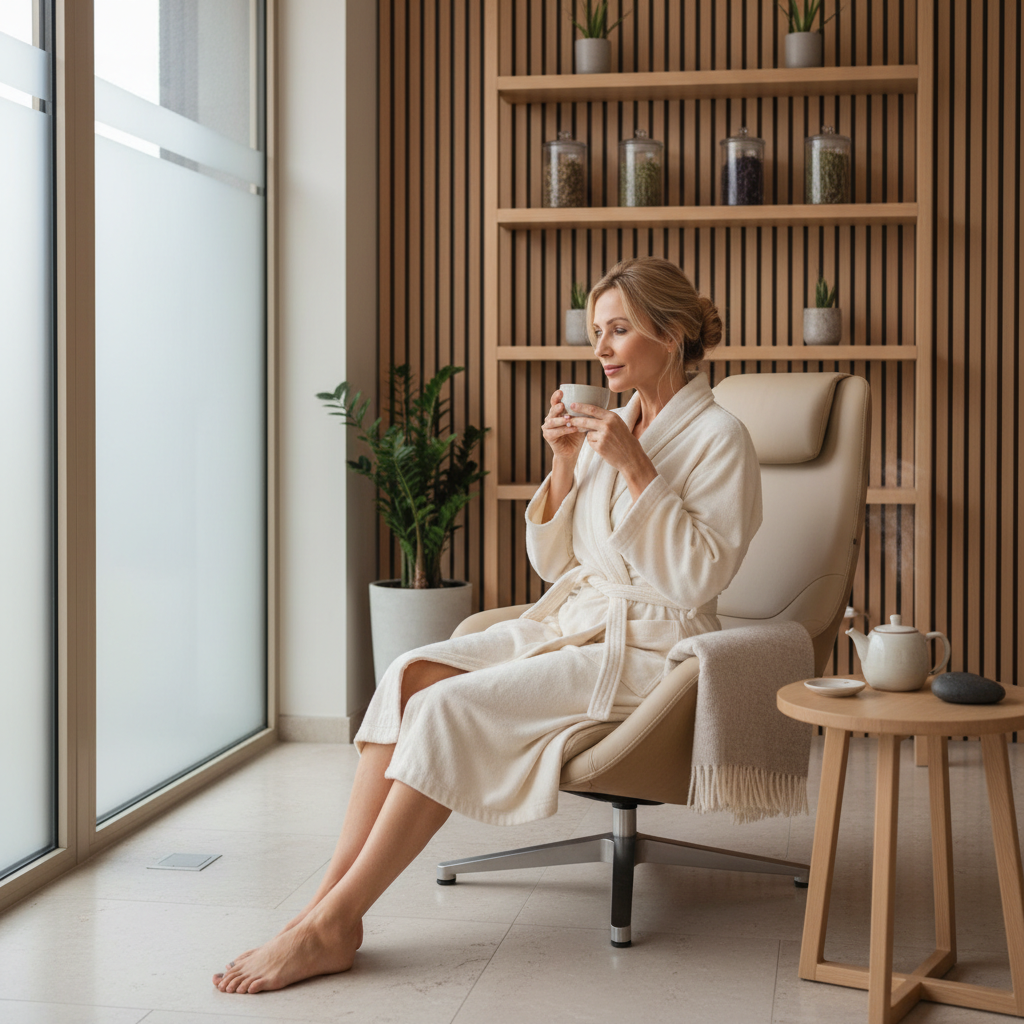 Femme élégante 45+ en peignoir dans un spa premium avec une tasse de thé — Spa No Stress Beauvais