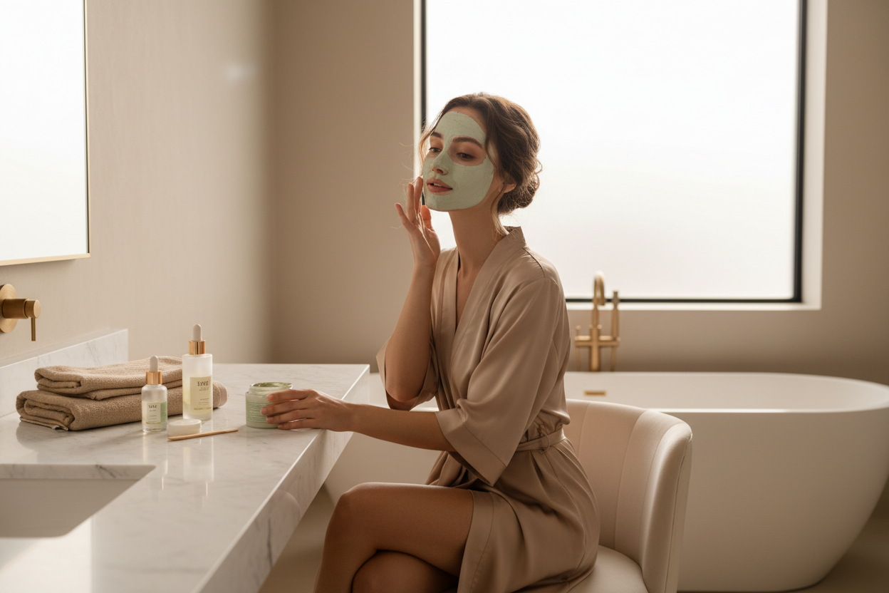 Femme masque purifiant salle de bain lifestyle