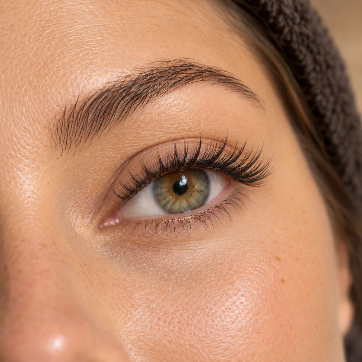 Gros plan d’un regard illustrant des extensions de cils mixtes à densité intermédiaire.