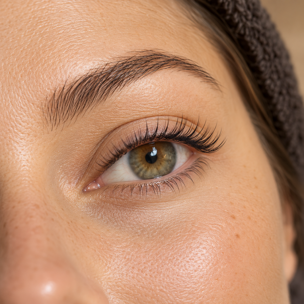 Gros plan d’un regard illustrant une pose naturelle d’extensions cil à cil.