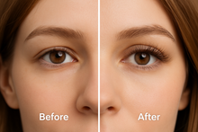 Charger l'image dans la galerie, Avant/Après extension de cils bruns sur une femme aux cheveux châtain clair