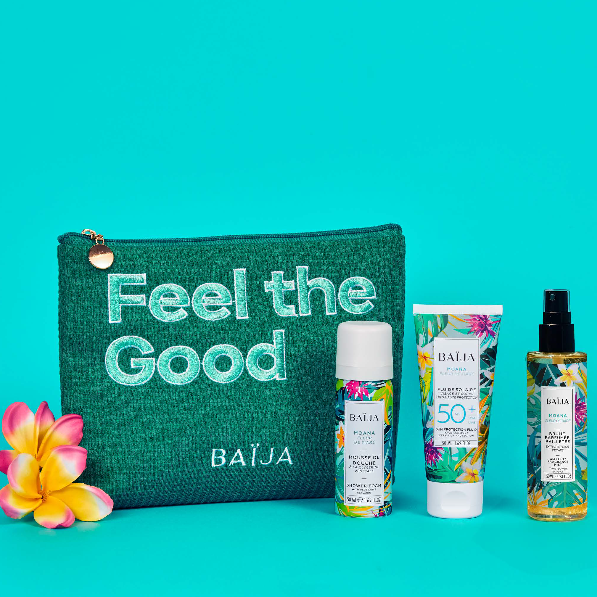 BAIJA - Trousse Solaire Moana : mousse de douche + fluide solaire + brume pailletée