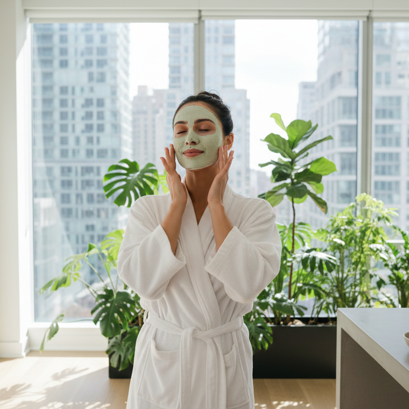 Femme urbaine appliquant masque détox