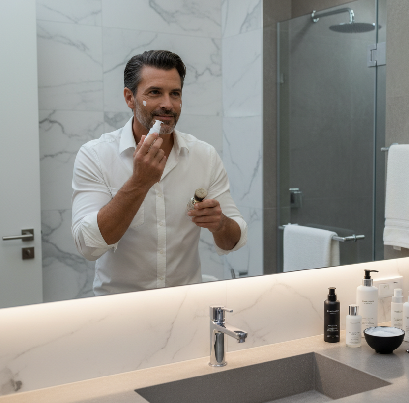 Homme appliquant soin visage