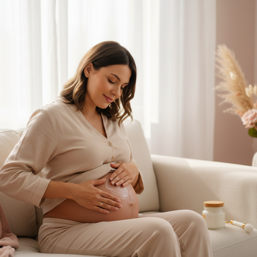 Future maman se relaxant avec routine hydratation