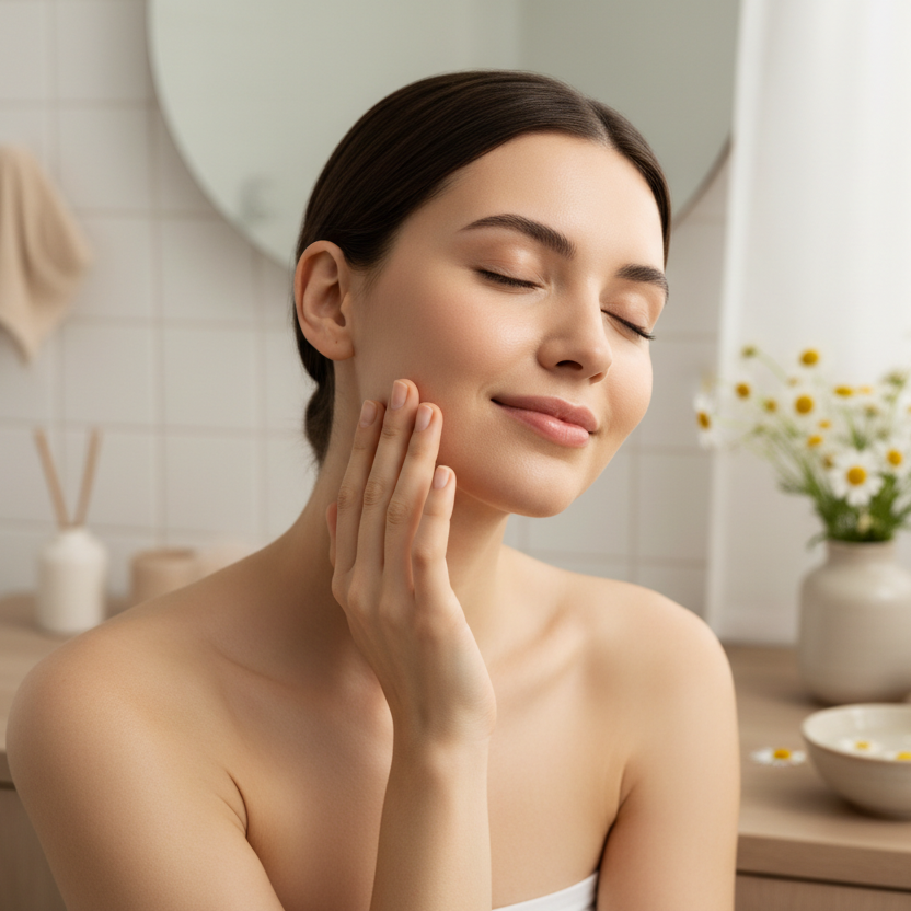 Femme apaisée touchant sa peau soulagée