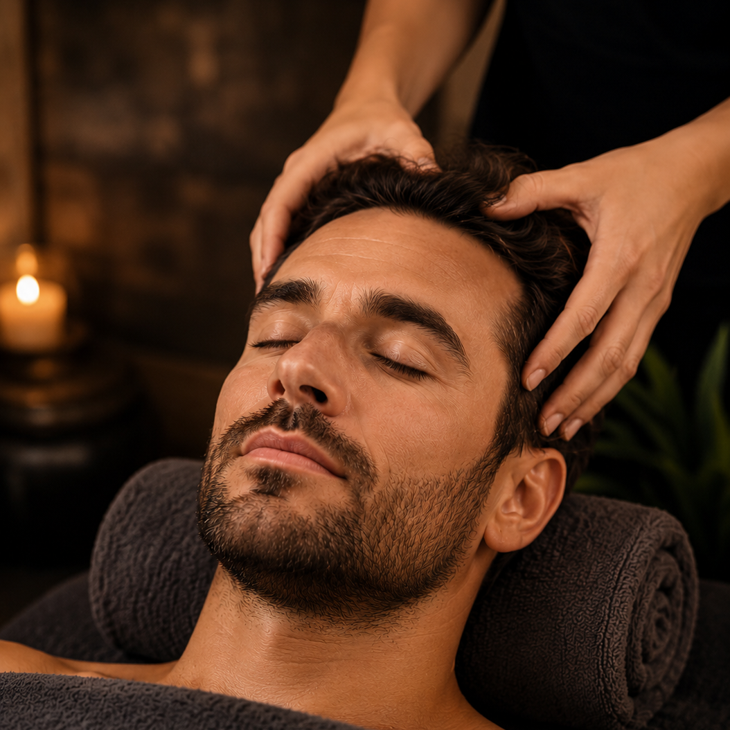 homme recevant un massage de la tête au spa no sress beauvais dans l'oise