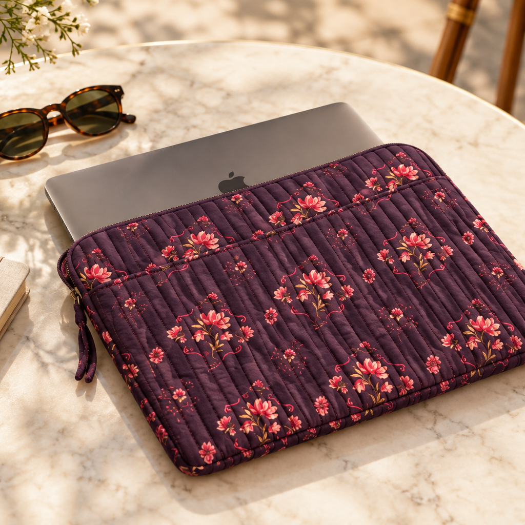 Pochette fleurie Cinq Mondes posée sur une table claire avec ordinateur et carnet