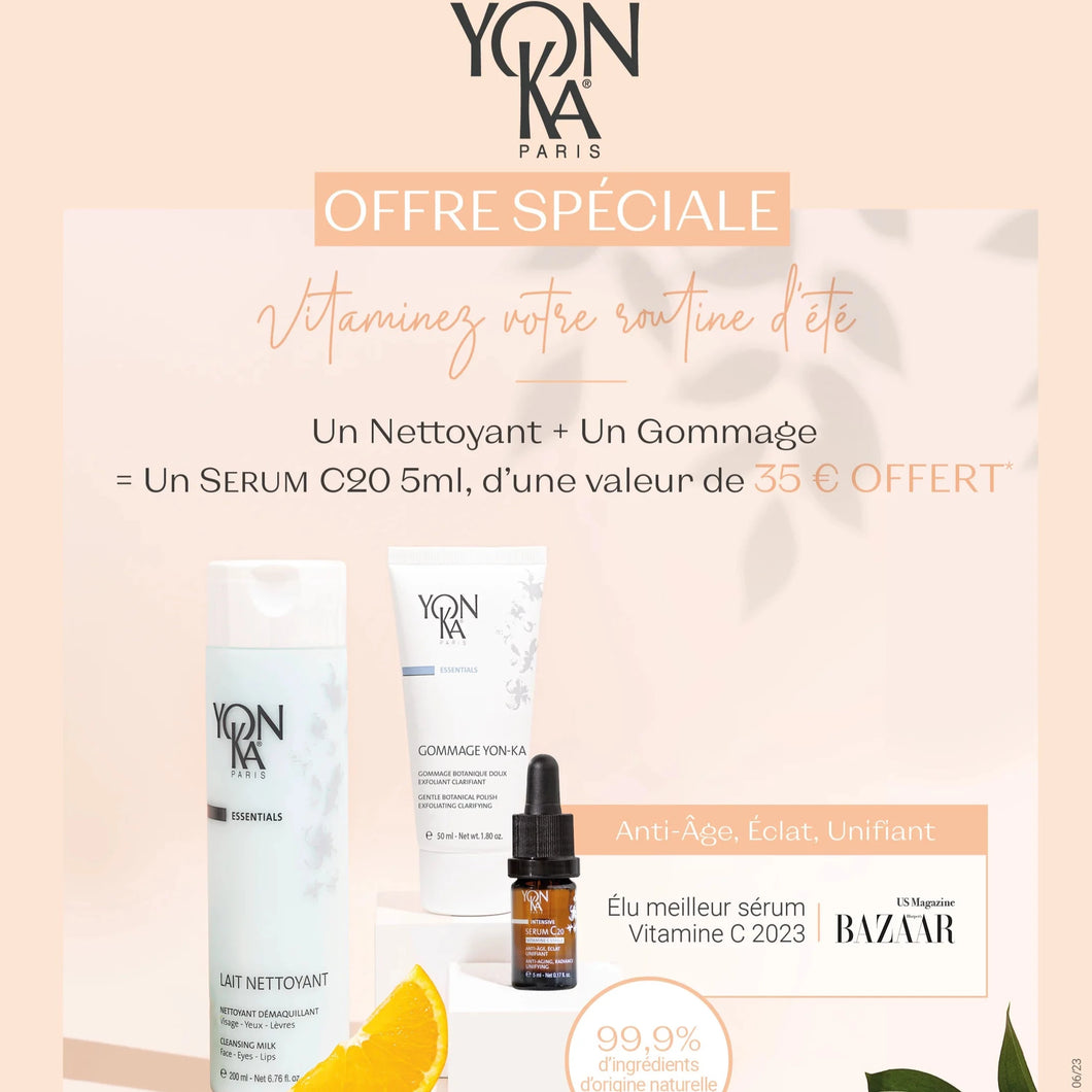 Offre Yonka : 1 gommage+1 nettoyant=sérum vitamine C 5ml offert