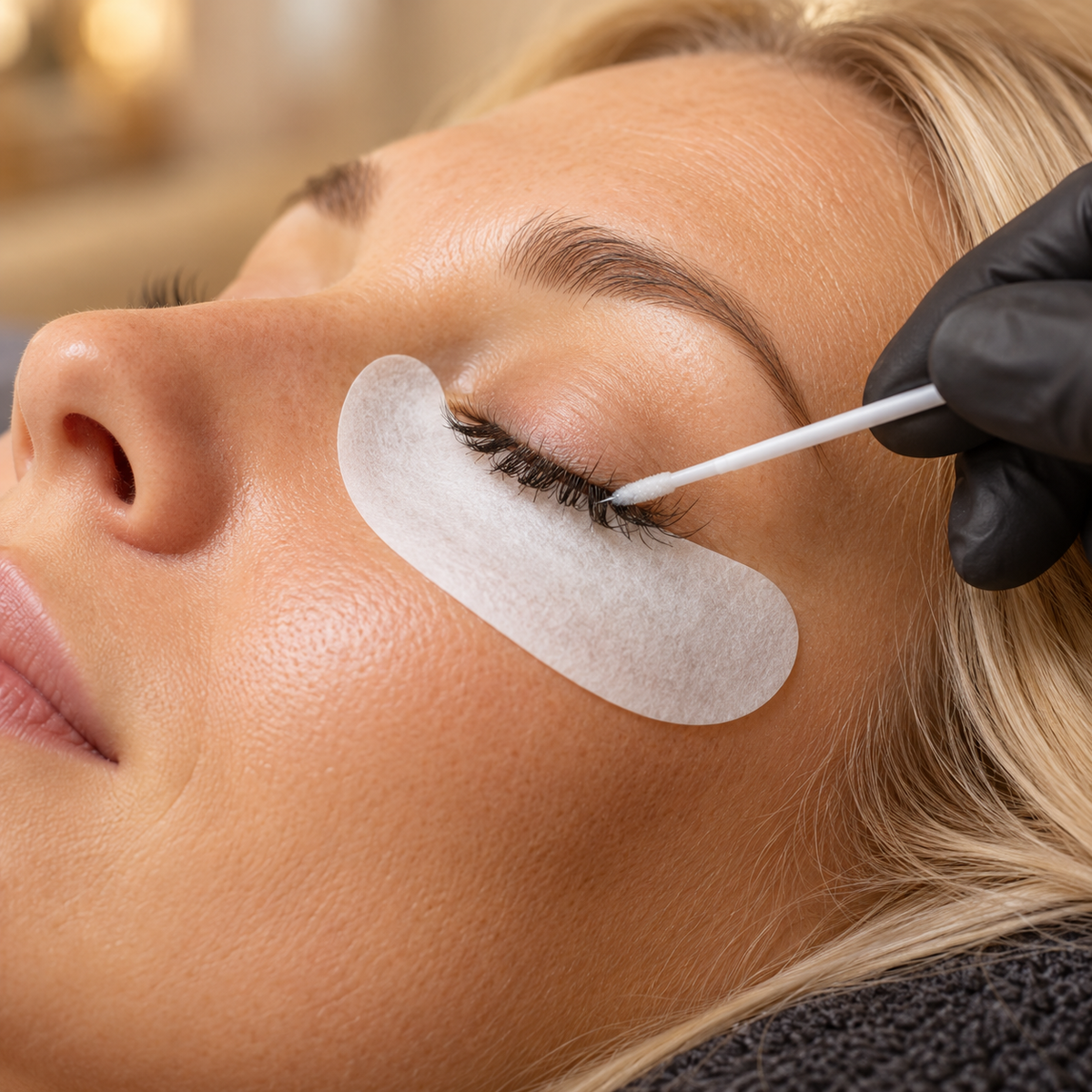 Illustration d’une professionnelle réalisant le retrait d’extensions de cils sur une cliente blonde aux yeux fermés.