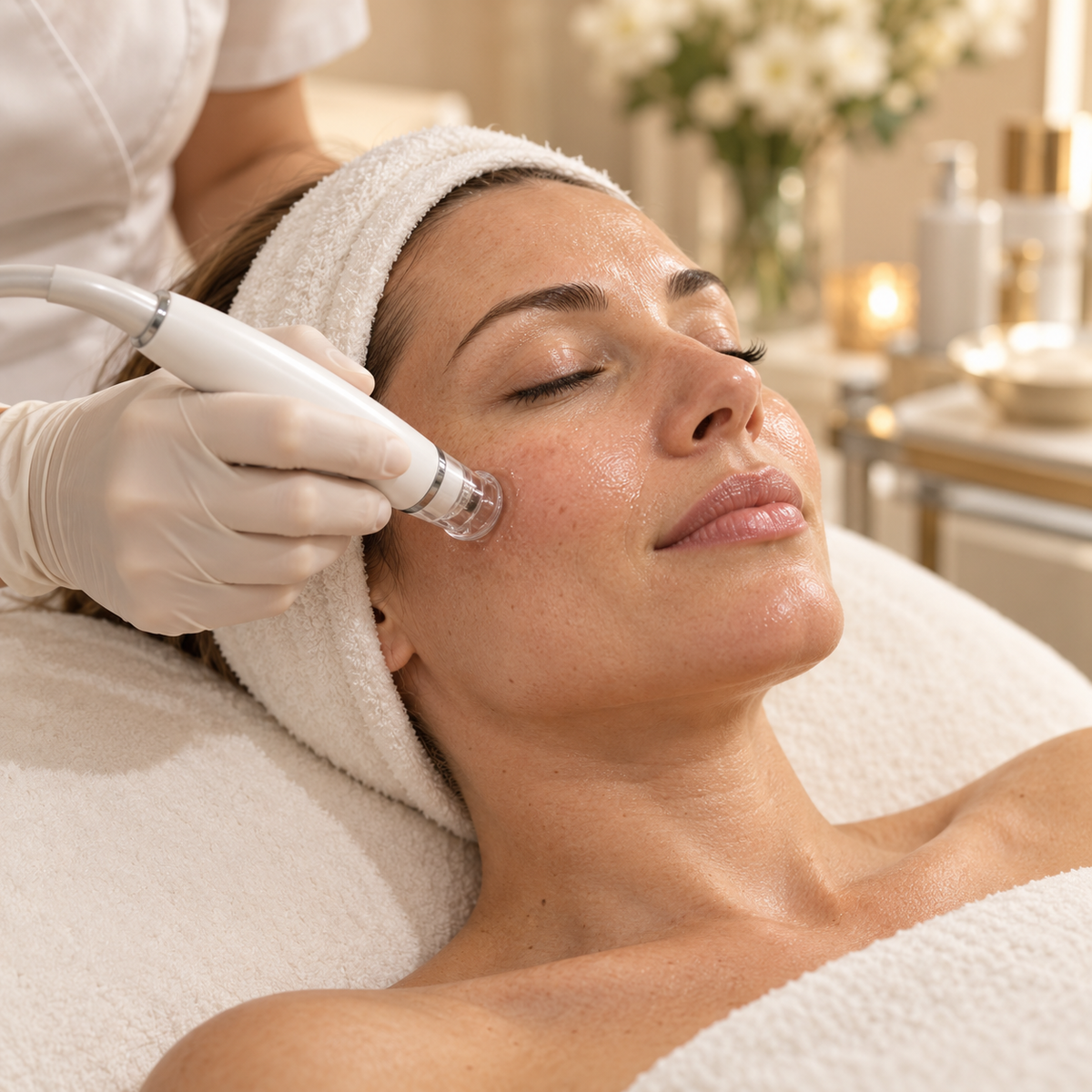 Illustration du soin Hydrafacial : hydrodermabrasion du visage.