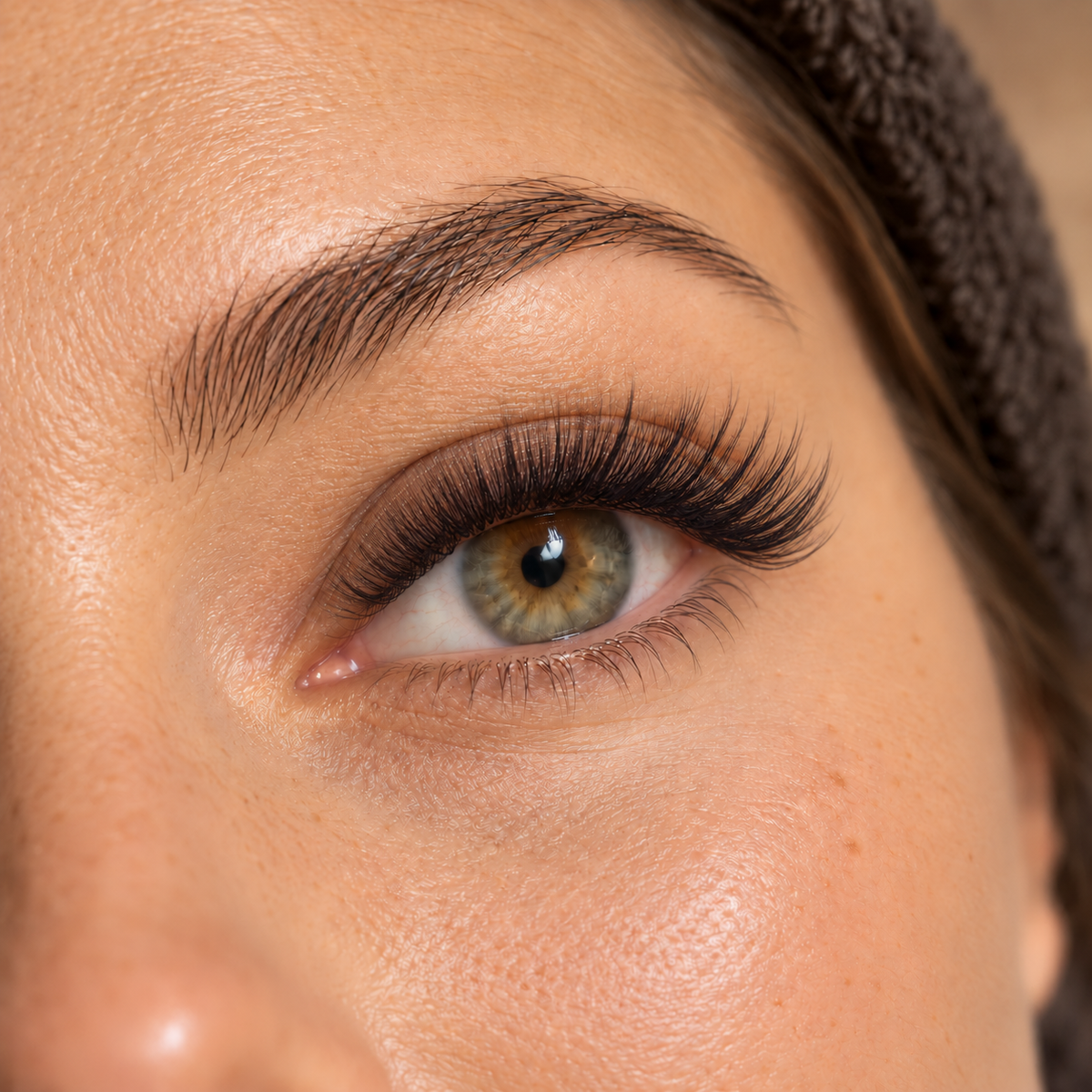 Gros plan d’un regard illustrant des extensions de cils volume russe à effet fourni.