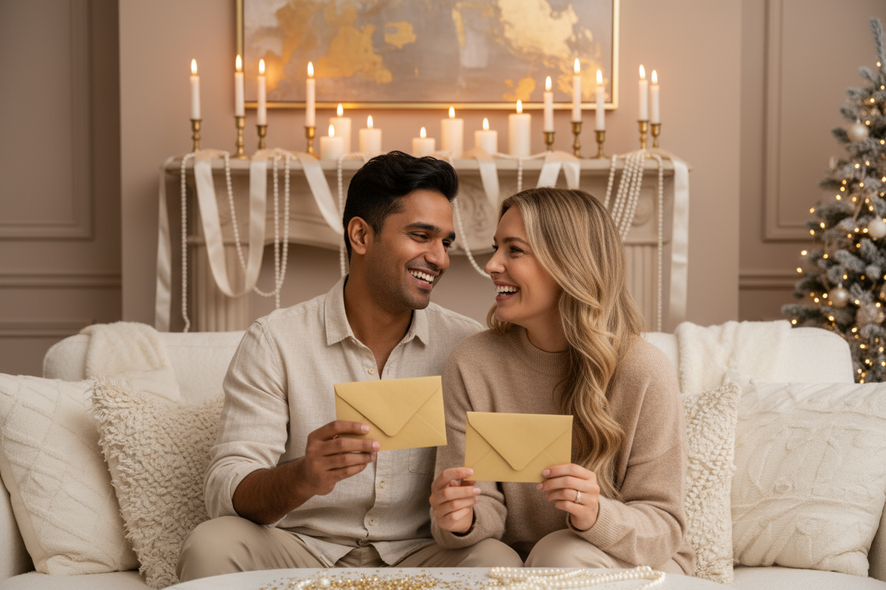 Couple souriant avec cartes cadeaux