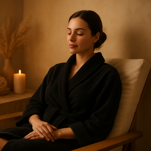 Femme en peignoir noir se relaxant dans un spa aux tons nude avec ambiance tamisée