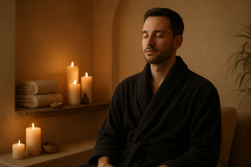 Homme en peignoir noir se relaxant dans un spa aux tons nude avec ambiance tamisée