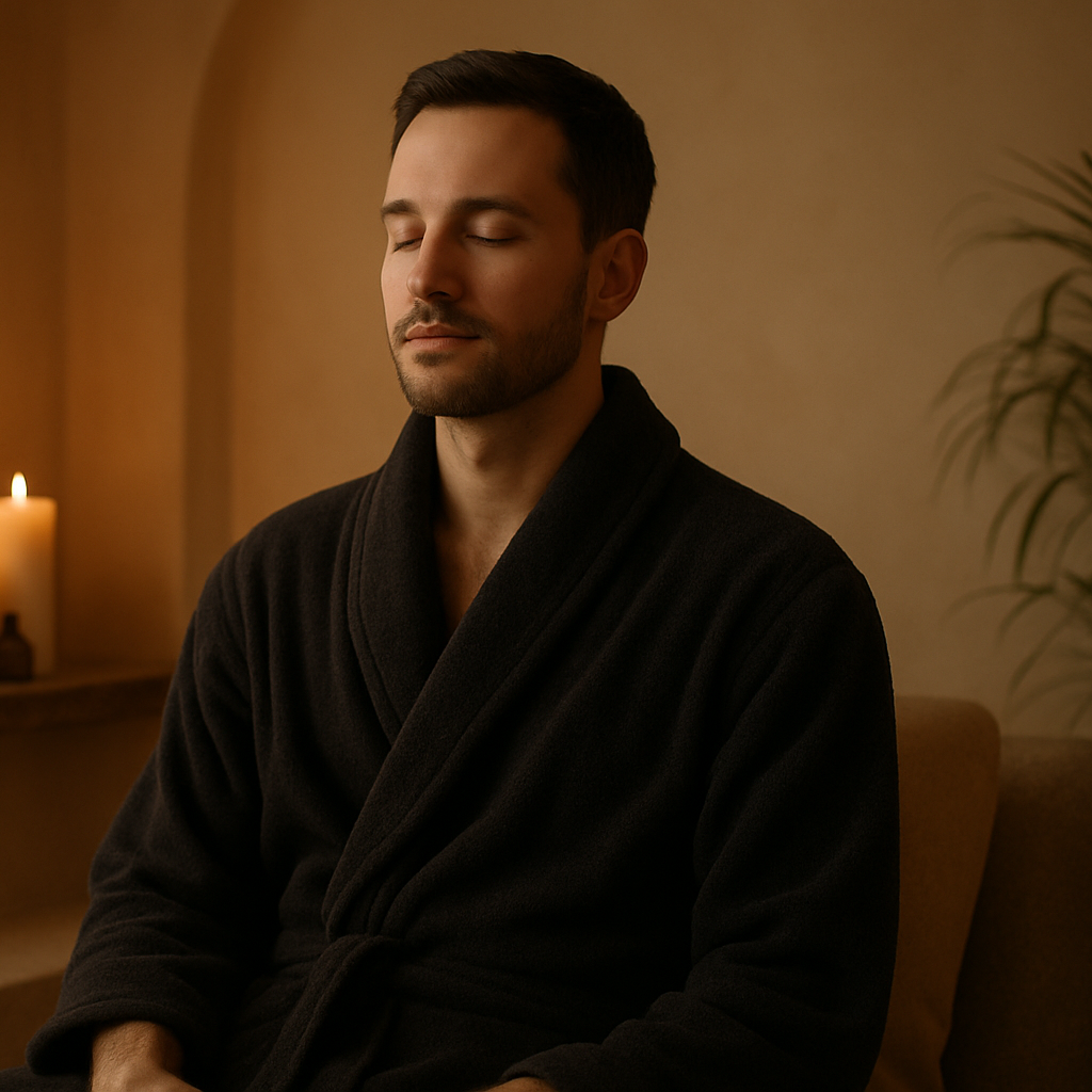 Homme en peignoir noir se relaxant dans un spa aux tons nude avec ambiance tamisée