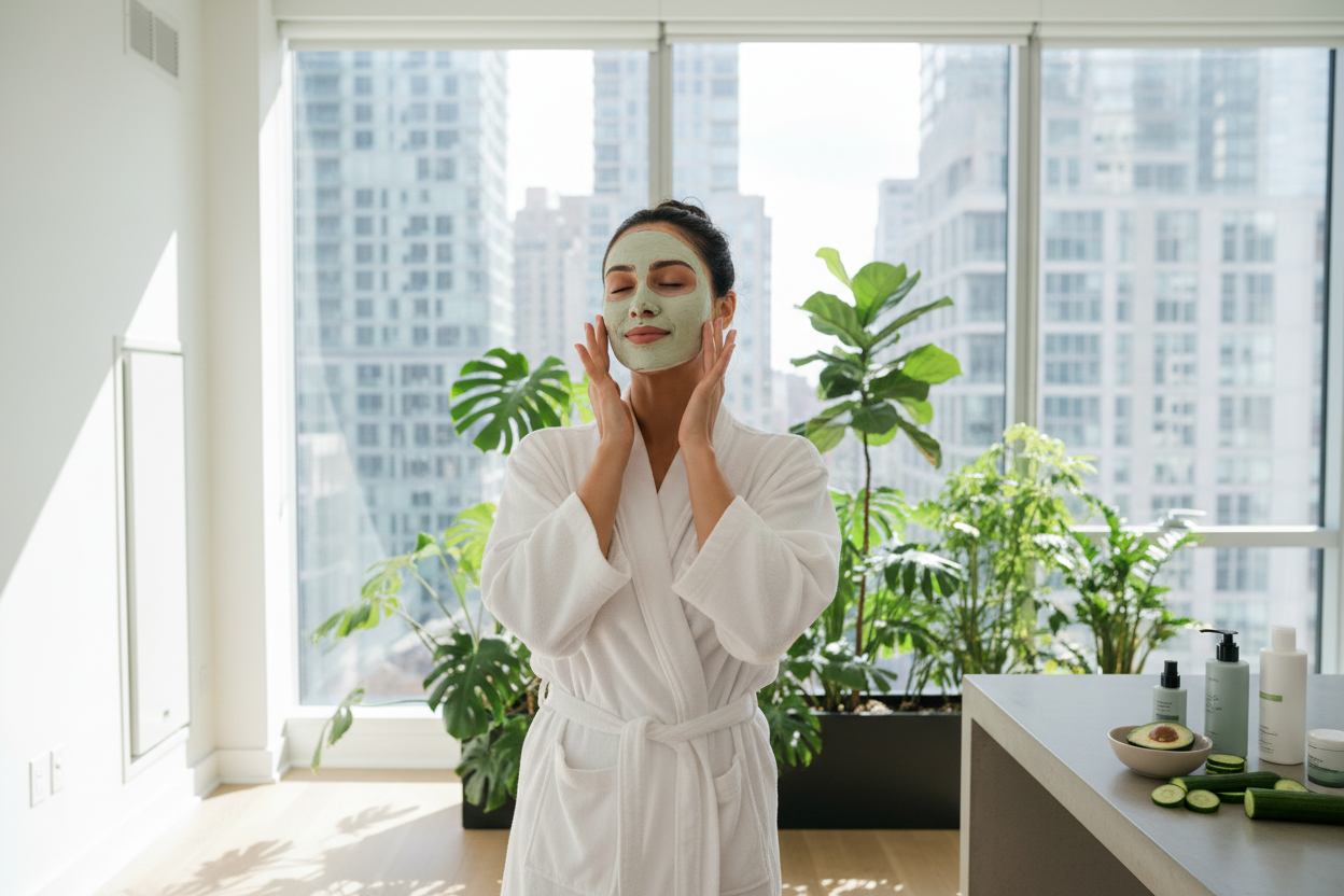 Femme urbaine appliquant masque détox