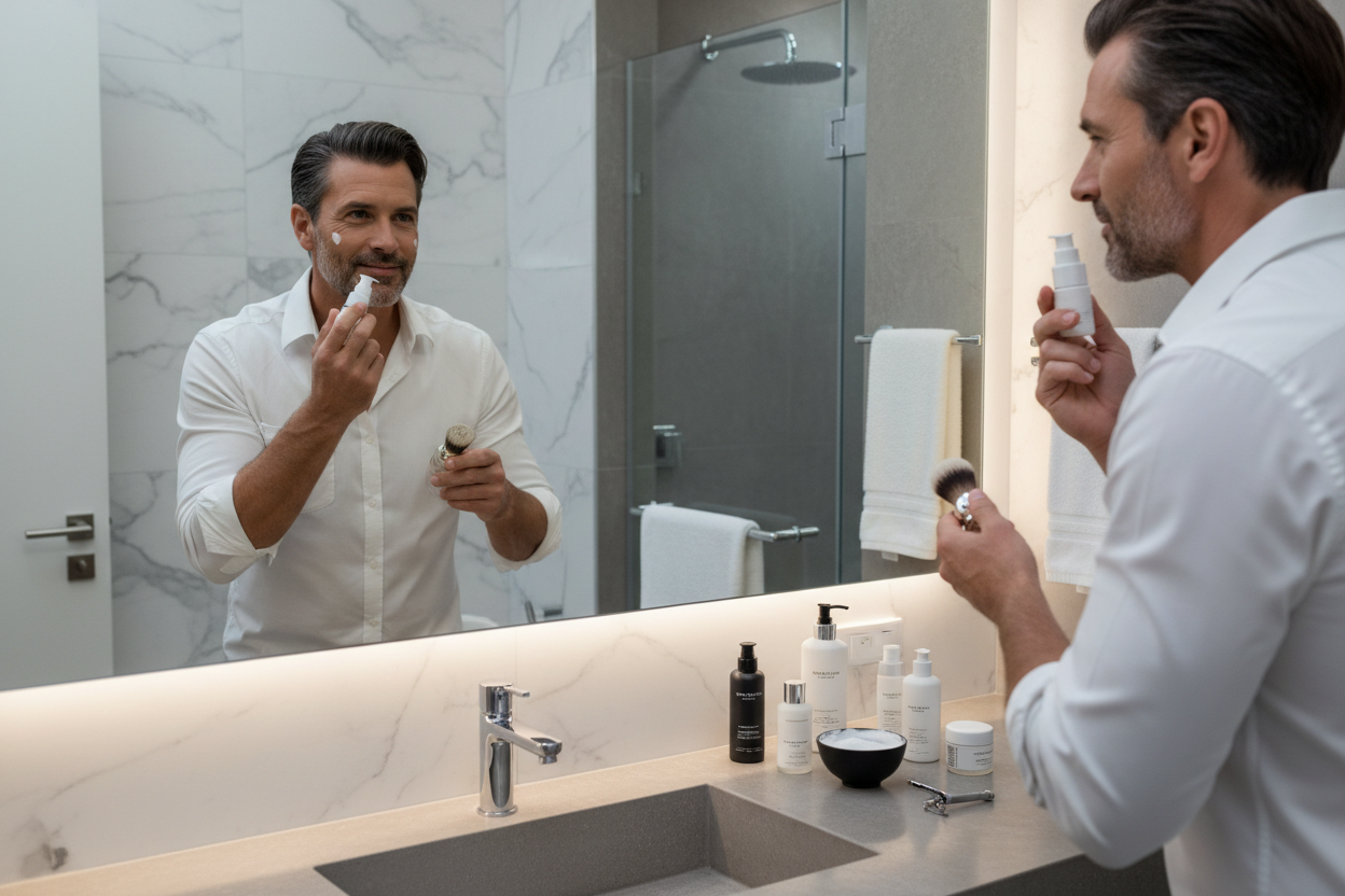 Homme appliquant soin visage