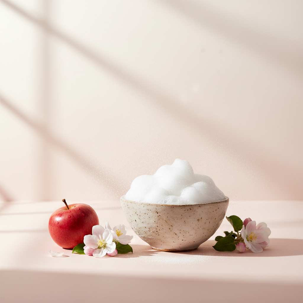 Texture mousse fraîche et aérienne du masque visage apaisant Pureté à la pomme d’amour