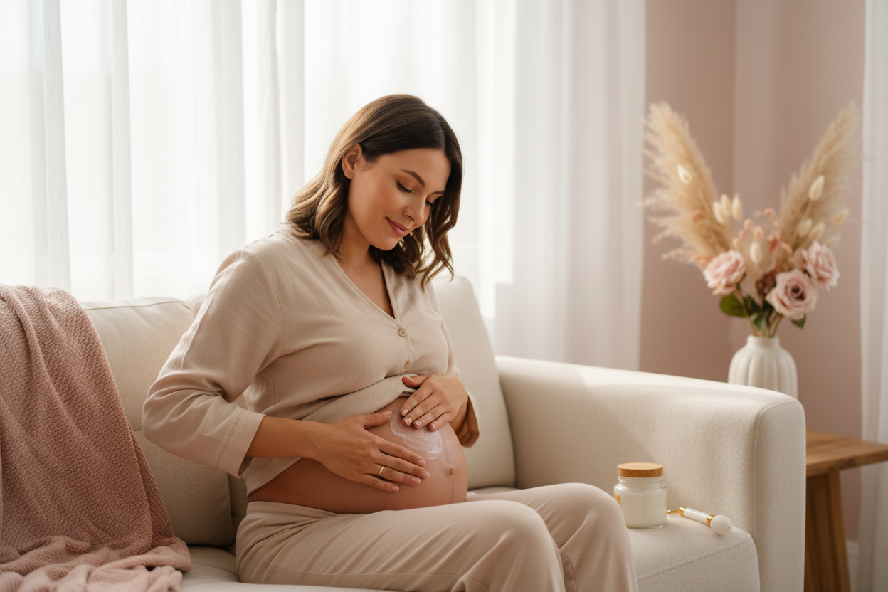 Future maman se relaxant avec routine hydratation