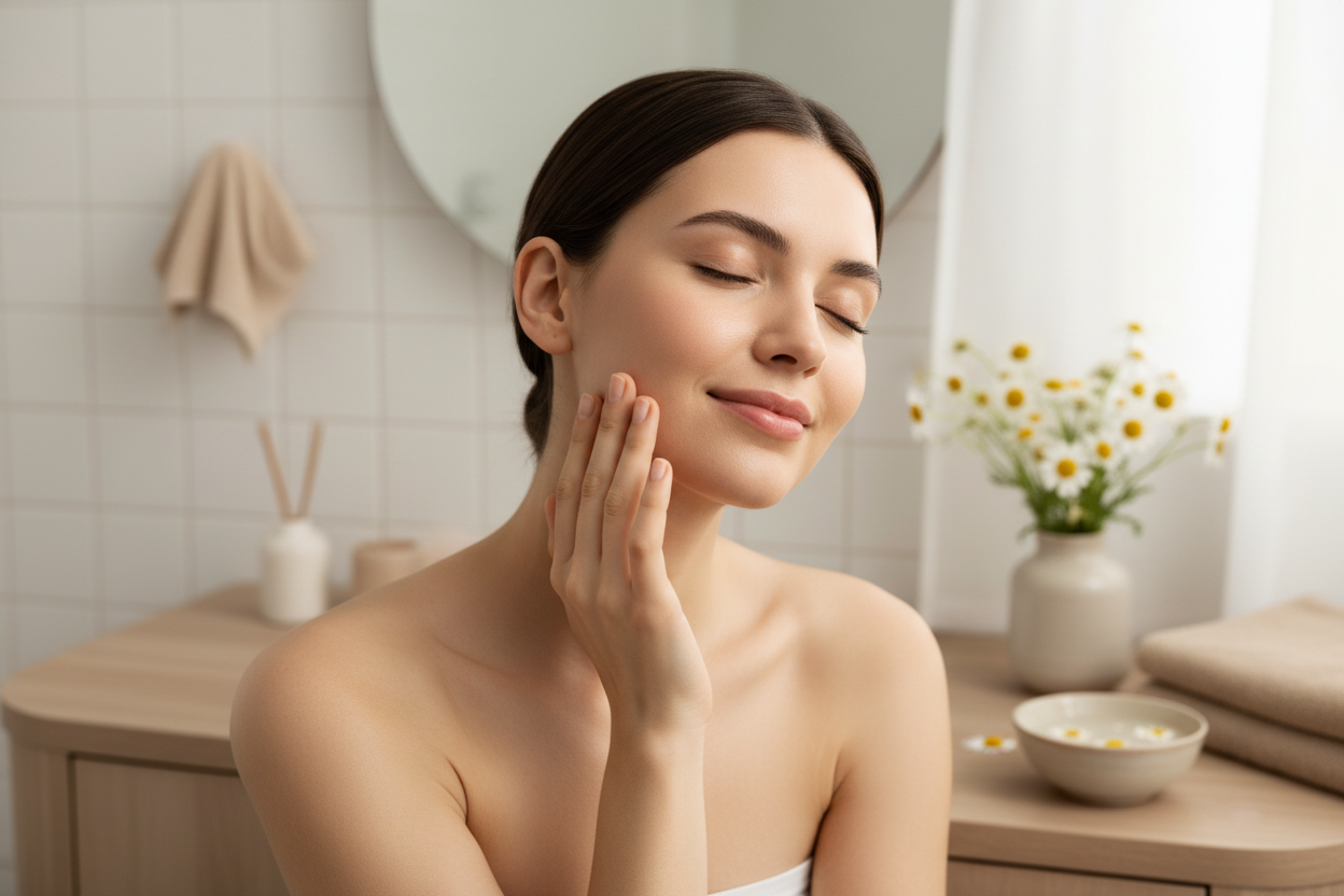 Femme apaisée touchant sa peau soulagée
