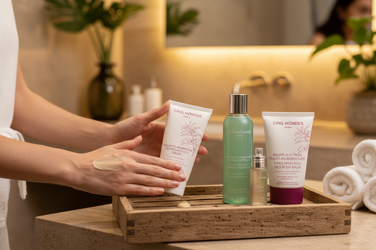 Mains appliquant le baume ayurvédique, produits sur plateau