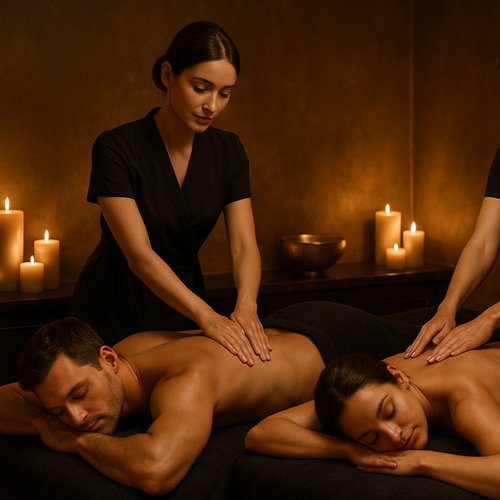 Massage en duo avec fond tadelakt marron et finitions or