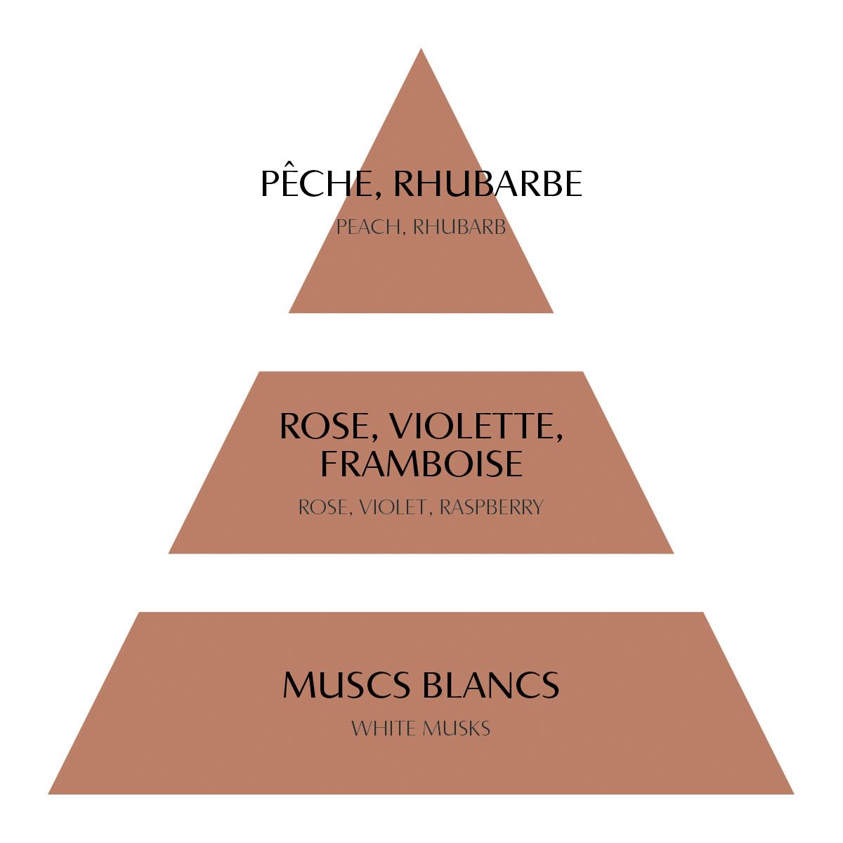 Pyramide olfactive Rose Élixir : pêche rhubarbe, rose violette framboise et muscs blancs